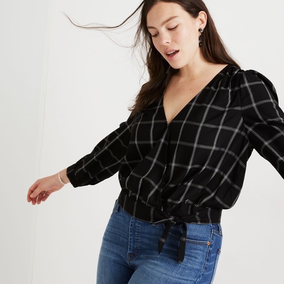 Madewell Tops - Madewell Black Windowpane Long Sleeve Wrap Blouse Size XS Excellent Condition